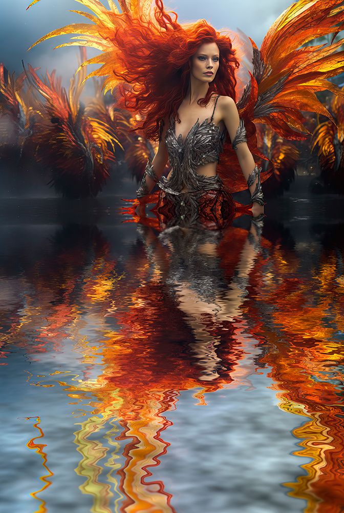 Mythical female redhead reflecting in water. AI Generated.